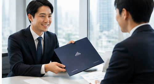 商談の場でポケットフォルダーを手渡しする様子