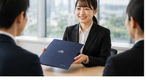 採用活動・会社説明会でポケットフォルダーを手渡しする様子