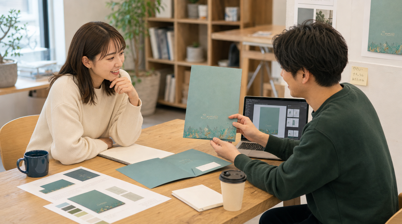 ポケットフォルダーのサンプルを手にクライアントへ提案する様子